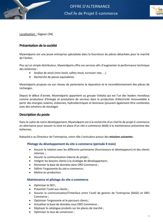 offre d'emploi Mywindparts